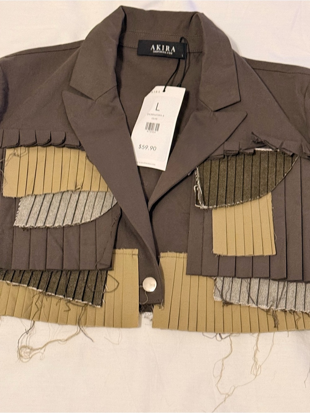 AKIRA Let Me Down Slowly Olive & Khaki Cropped Fringe Pleated Blazer - Picture 3 of 9